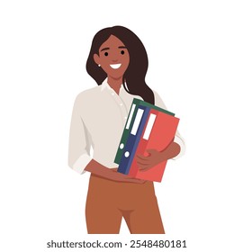 Young casual business woman holding documents. Flat vector illustration isolated on white background