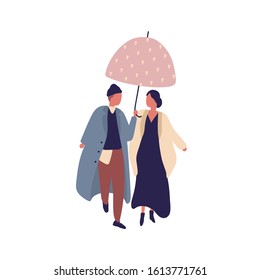 Young casual cartoon couple walking under umbrella at rainy day vector flat illustration. Man and woman character in stylish coat outfit at autumn season isolated on white background.