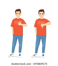 Young in casual clothes gesturing thumb up and thumb down isolated vector illustration