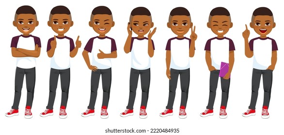 Young in casual clothes standing with different gestures set isolated vector illustration
