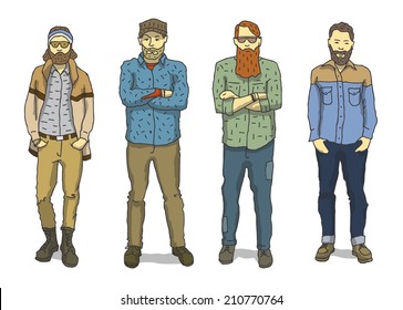 Young casual hipster guys vector drawings set isolated on white background