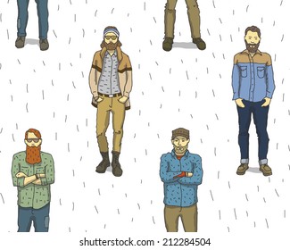 Young casual hipster guys vector seamless pattern on white background 