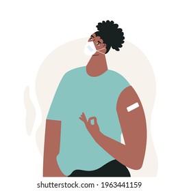 Young casual man after vaccination concept Vaccine injection in arm, shoulder. Male character after getting vaccine. African american guy in face mask with ok gesture. Flat vector cartoon illustration