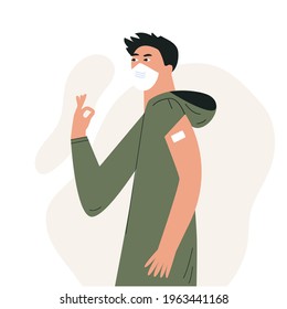 Young casual man after vaccination concept Vaccine injection in arm, shoulder. Male character after getting vaccine. Asian guy in face mask with ok gesture. Flat vector illustration isolated on white