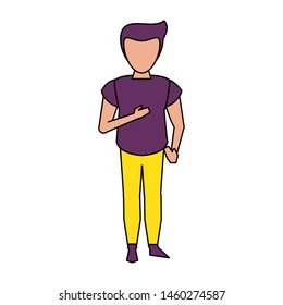 young casual man body without face wearing purple t shirt cartoon vector illustration graphic design