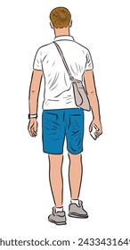 Young casual one city man with smartphone in hand in shorts walking  outdoors on summer day back view vector outline drawing isolated on white