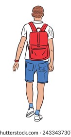 Young casual one city man with red backpack in shorts walking  outdoors on summer day vector outline drawing isolated on white