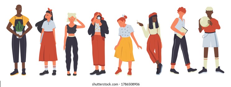 Young casual people diversity vector illustration set. Cartoon flat girl guy characters in modern casual clothes outfit standing in row, diverse group of stylish man and woman isolated on white