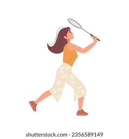 Young casual woman cartoon character with racket playing badminton isolated on white background