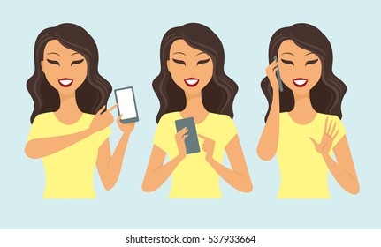 Young casual woman character using smartphone vector