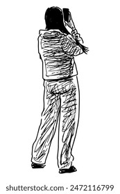Young casual woman photographing on smartphone, back view realistic sketch, vector illustration isolated on white