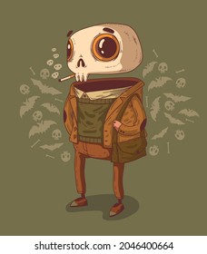 Young casually dressed skeleton smoker with a bag against a background of Halloween symbols	