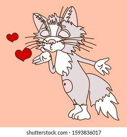 young cat blows a kiss, color clip art on an isolated background with hearts