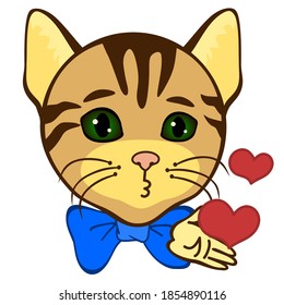 young cat blows a kiss, color clip art on white isolated background with hearts