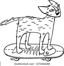 A young cat is riding somewhere on his skateboard. A skeleton of a fish is drawn on a skateboard.