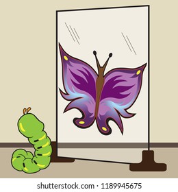 A young caterpillar is looking in a mirror and seeing himself as a colorful butterfly