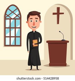 Young catholic priest. Cartoon vector illustration. Preaching at church. Holy father in robe. Pope with bible. Religion and church theme. Profession design