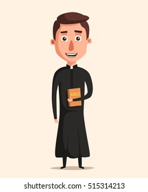 Young catholic priest. Cartoon vector illustration. Preaching at church. Holy father in robe. Pope with bible. Religion and church theme. Profession design