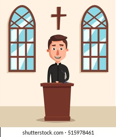 Young catholic priest. Cartoon vector illustration. Preaching at church. Holy father in robe. Pope with bible. Religion and church theme. Profession design