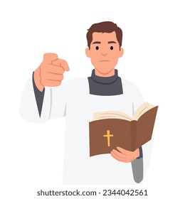 Young Catholic Priest Holds a Cross in Front of Him. the Concept of Driving Out the Devil and Evil Spirits. Pointing and holding bible. Flat vector illustration isolated on white background