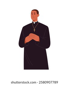 Young Catholic priest in traditional attire with cross. Christian religion clergy portrait. Religious person, monk of catholicism, Saint father. Flat isolated vector illustration on white background