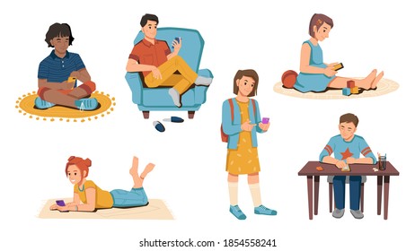 Young caucasian and afro american pupils with smartphones in hands isolated schoolchildren. Vector schoolboys and schoolgirls on carpets, at table and armchair, playing games on modern gadgets