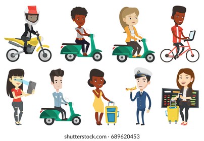Young caucasian airline pilot holding a model of airplane in hand. Cheerful airline pilot in uniform. Pilot with model airplane. Set of vector flat design illustrations isolated on white background.