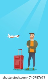 Young caucasian airplane passenger frightened by future flight. Man suffering from fear of flying. Terrified passenger with suitcase waiting for a flight. Vector cartoon illustration. Vertical layout.