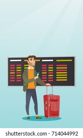 Young caucasian airplane passenger waiting for a flight at the airport and holding passport. Hipster man standing at airport with suitcase and passport. Vector cartoon illustration. Vertical layout.