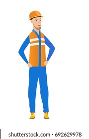 Young caucasian angry builder screaming. Angry builder clenching fists. Angry builder in hard hat shouting with raised fists. Vector flat design illustration isolated on white background.