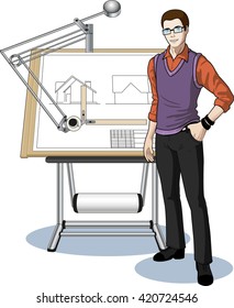 Young Caucasian architect student presenting his blueprint