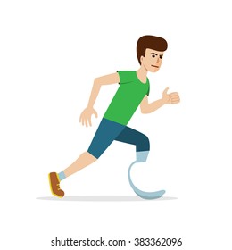 Young caucasian athlete with handicap runs. Disabled sportsman with amputated foot. Vector illuestration, flat design. Concept for sport, summer paralympic games, recovery.