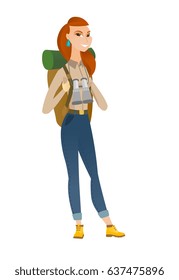 Young caucasian backpacker with backpack and binoculars. Full body portrait of backpacker traveling. Backpacker with binoculars on neck. Vector flat design illustration isolated on white background.