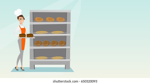 Young caucasian baker holding a tray with bread in a bakery. Confident baker standing near the bread rack. Smiling baker holding a baking tray. Vector flat design illustration. Horizontal layout.