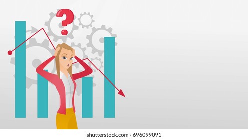 Young caucasian bankrupt clutching head on the background of chart going down. Bankrupt woman with question above head. Concept of business bankruptcy. Vector cartoon illustration. Horizontal layout