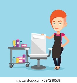 Young caucasian barber standing near armchair and table with cosmetics in barber shop. Professional female barber standing at workplace in barber shop. Vector flat design illustration. Square layout.