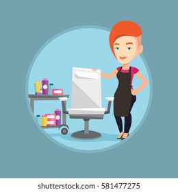 Young caucasian barber standing near armchair and table with cosmetics in barber shop. Barber standing at workplace in barber shop. Vector flat design illustration in the circle isolated on background