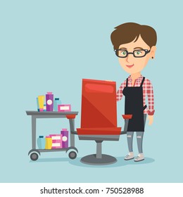 Young caucasian barber standing near armchair and table with cosmetics in barber shop. Professional female barber standing at workplace in barber shop. Vector cartoon illustration. Square layout.