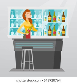 Young caucasian bartender standing at the bar counter with a bottle of alcoholic drink. Cheerful bartender holding a bottle of alcoholic drink in hands. Vector flat design illustration. Square layout.