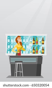 Young caucasian bartender standing at the bar counter with a bottle of alcoholic drink. Smiling bartender holding a bottle of alcoholic drink in hands. Vector flat design illustration. Vertical layout