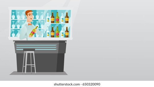Young caucasian bartender standing at the bar counter with a bottle of alcoholic drink. Bartender holding a bottle of alcoholic drink in hands. Vector flat design illustration. Horizontal layout.