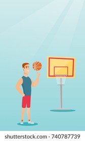 Young caucasian basketball player spinning a ball on his finger. Professional basketball player standing on the basketball court. Vector flat design illustration. Vertical layout.