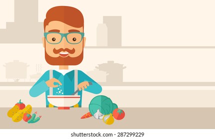 A Young caucasian with beard is happy eating salad for lunch with some vegetables on the table. A Contemporary style with pastel palette, soft beige tinted background. Vector flat design illustration