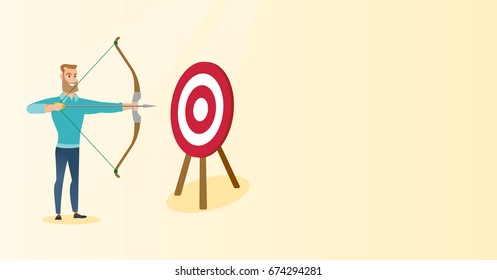 Young caucasian bowman aiming with a bow and arrow at the target. Concentrated hipster bowman with beard shooting arrow during archery competition. Vector flat design illustration. Horizontal layout.