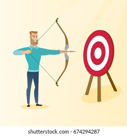 Young caucasian bowman aiming with a bow and arrow at the target. Concentrated hipster bowman with beard shooting an arrow during an archery competition. Vector flat design illustration. Square layout