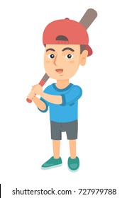 Young caucasian boy playing baseball. Happy smiling baseball player holding a wooden baseball bat. Little softball player. Vector sketch cartoon illustration isolated on white background.