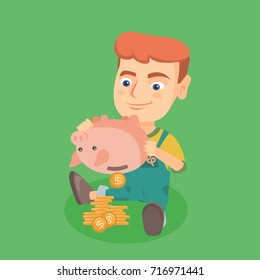 Young Caucasian Boy Shaking Money Out Of A Piggy Bank. Little Happy Boy Emptying A Piggy Bank. Smiling Boy Kid Getting Money From The Piggy Bank. Vector Cartoon Illustration. Square Layout.