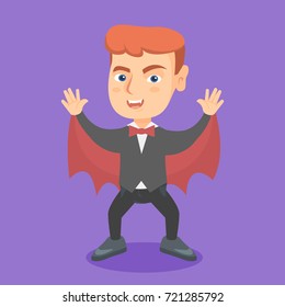 Young caucasian boy wearing a vampire costume on Halloween. little boy dressed for Halloween party as a scary vampire. Boy wearing a dracula costume. Vector cartoon illustration. Square layout.