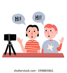 Young caucasian boys saying hi to followers in social media. Teenagers in casual clothes recording a vlog. Kids bloggers concept. Child fun hobby. Hand drawn flat style. Trendy vector illustration