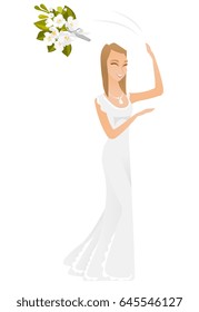 Young caucasian bride tossing the bouquet of flowers. Full length of happy bride in a long white throwing bouquet of flowers at wedding. Vector flat design illustration isolated on white background.